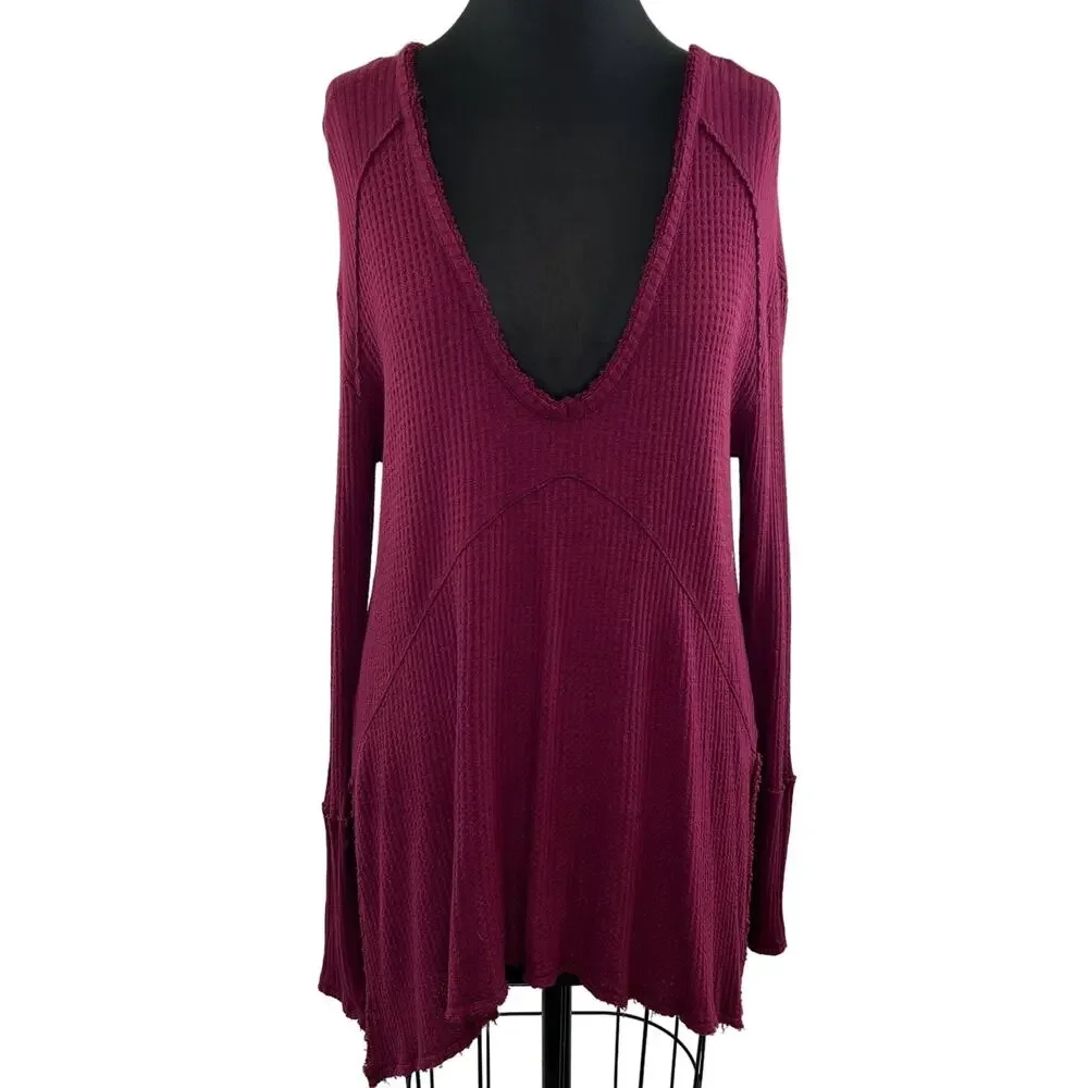 Free People Burgundy Purple Waffle Knit Plunge Neck Asymmetric Thermal Top S